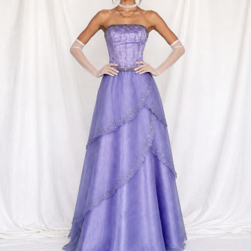 Vintage Y2K Purple Beaded Strapless Organza Lace Up Flared Maxi Prom Dress S